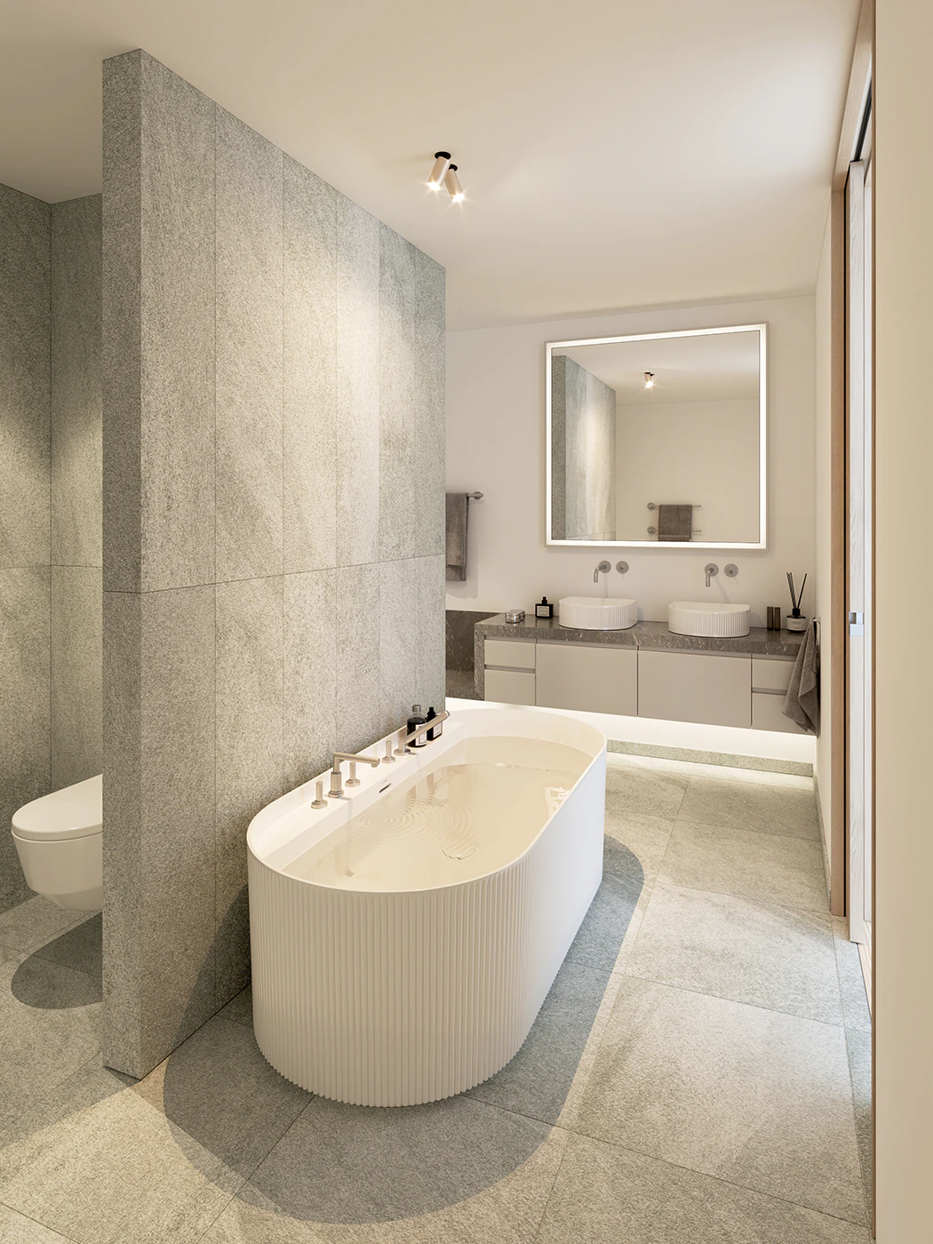 Innenvisualisierung eines Badezimmers mit Badewanne im Altera-Gebäude in Andermatt (Schweiz).