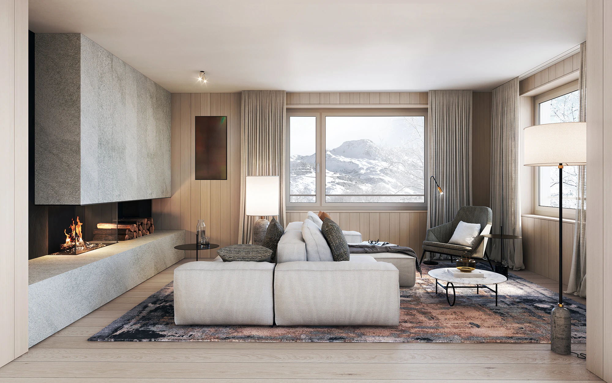 Innenvisualisierung eines Wohnzimmer mit Kamin im Altera-Gebäude in Andermatt, Schweiz
