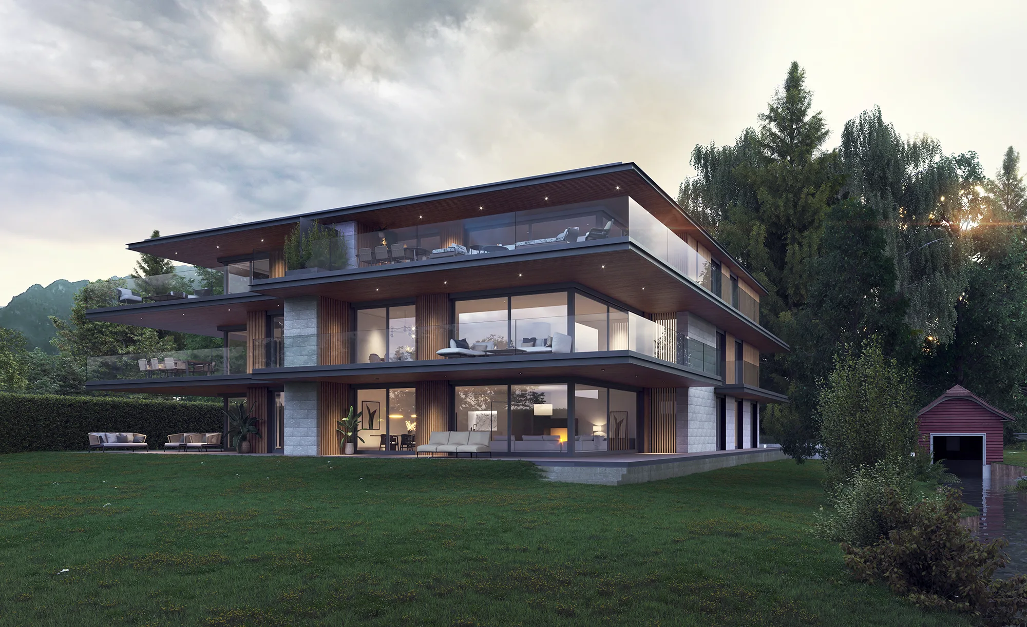 Aussenvisualisierung eines Einfamilienhauses mit Garten in Thun, Schweiz.