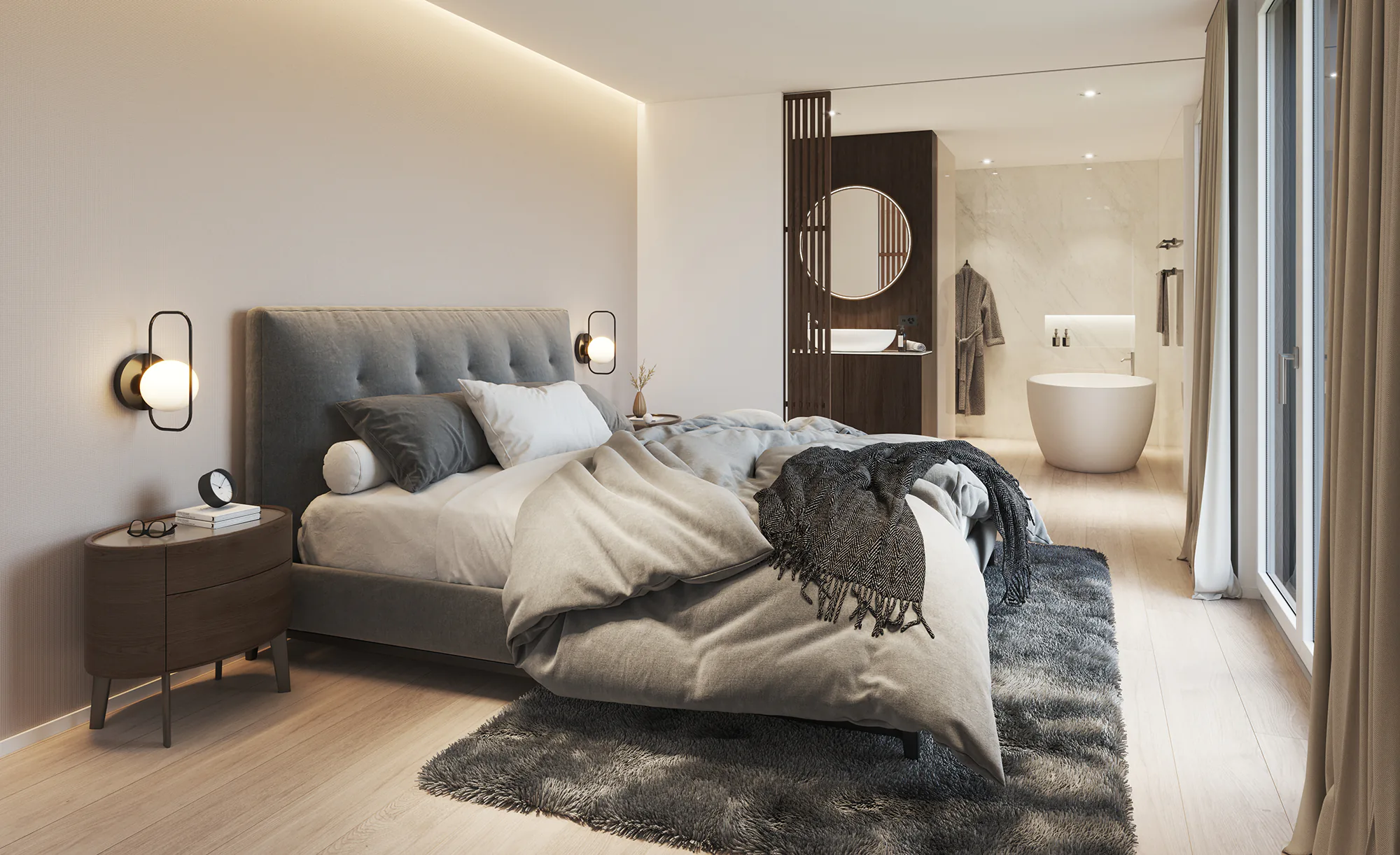 Innenvisualisierung eines Schlafzimmers mit eigenem Bad in einem Einfamilienhaus in Thun, Schweiz