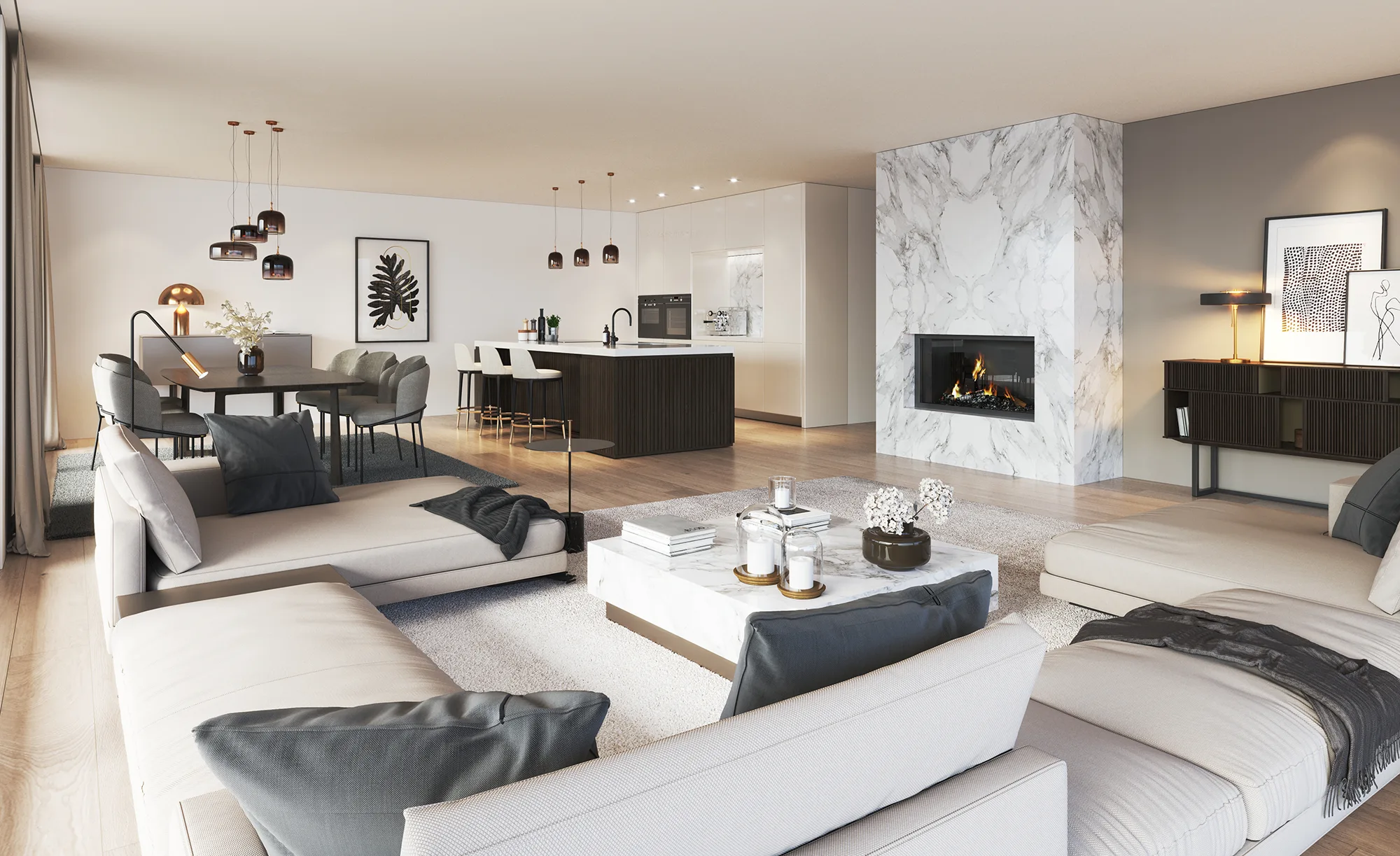 Innenvisualisierung einer Wohn-Ess-Küche mit modernen Möbeln eines Einfamilienhauses in Thun, Schweiz