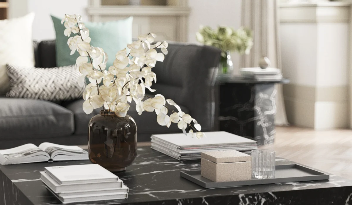 architekturvisualisierung 15 Produktvisualisierung von dekorativen Accessoires eines Wohnzimmers einer Wohnung in Zürich Utoquai