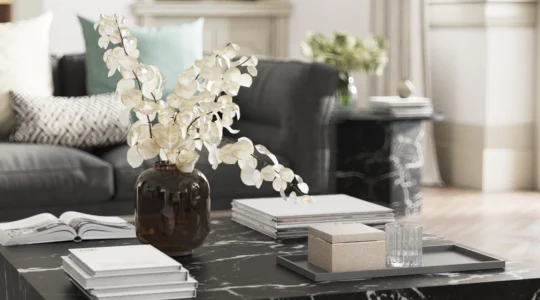 Produktvisualisierung von dekorativen Accessoires eines Wohnzimmers einer Wohnung in Zürich Utoquai