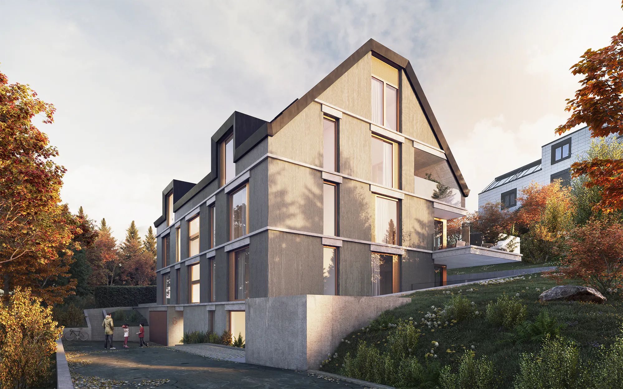 Aussenvisualisierung eines Mehrfamilienhauses in Ruschlikon, Zürich.