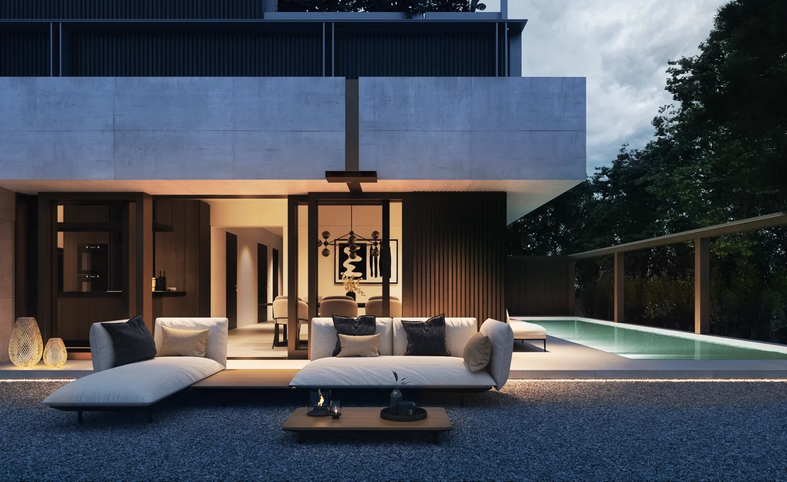 ArchitekturvisualisierungMFH Pool und garten in Uitiko, Zürich