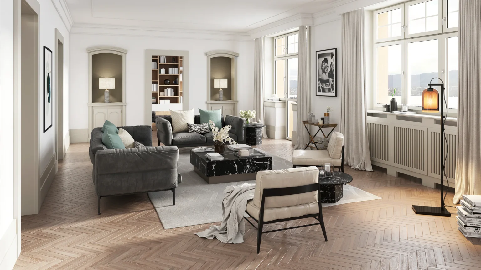 architectural-rendering-livingroom in zurich Utoquai
