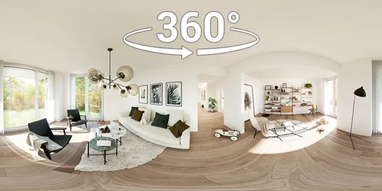 360° virtueller Rundgang durch Esszimmer und Wohnzimmer einer Wohnung mit Garten in Kloten, Zürich