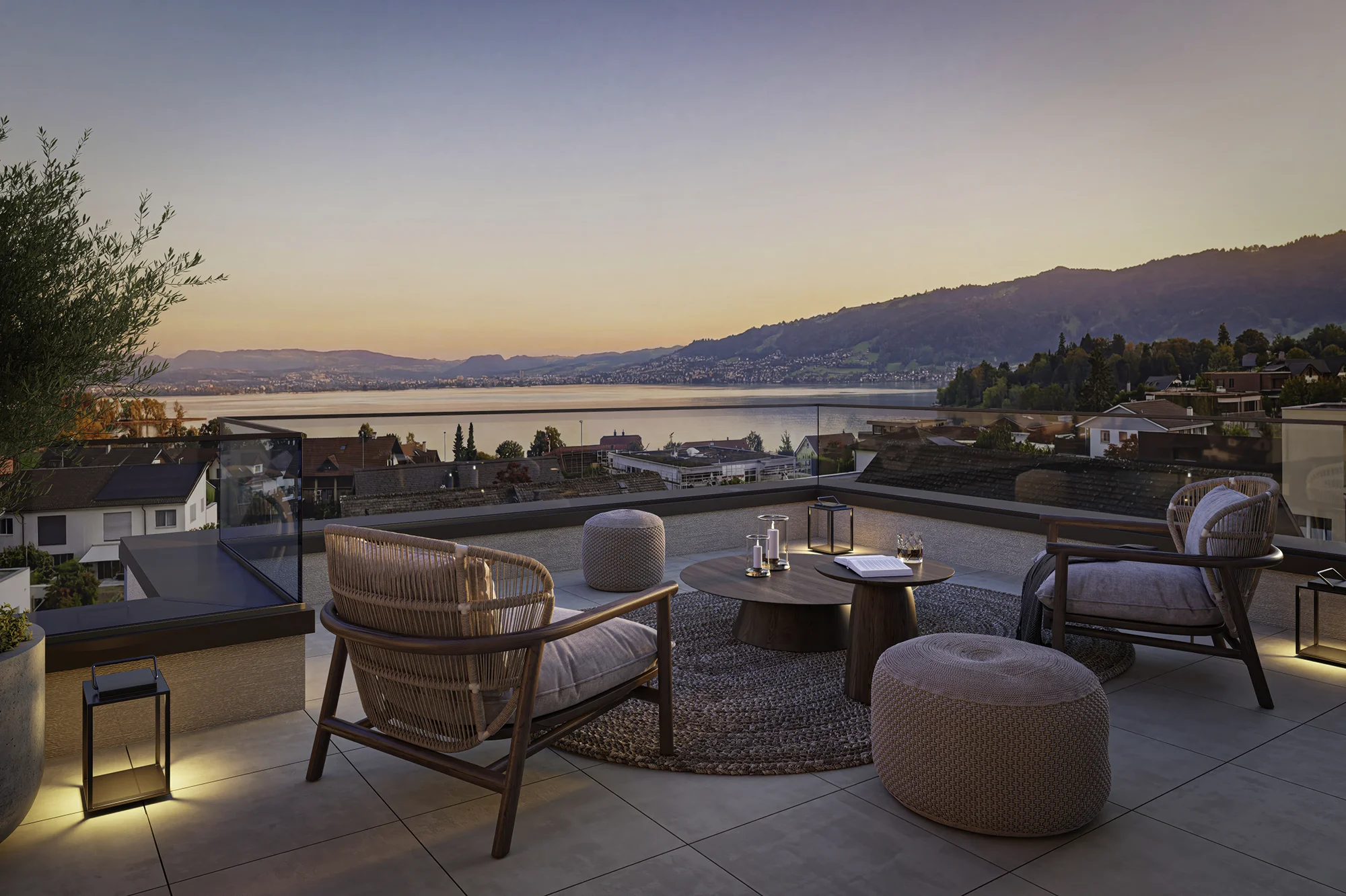 3D-Visualisierung der Terrasse von N7 in Buonas mit Lounge und Blick auf den Zugersee bei Sonnenuntergang.