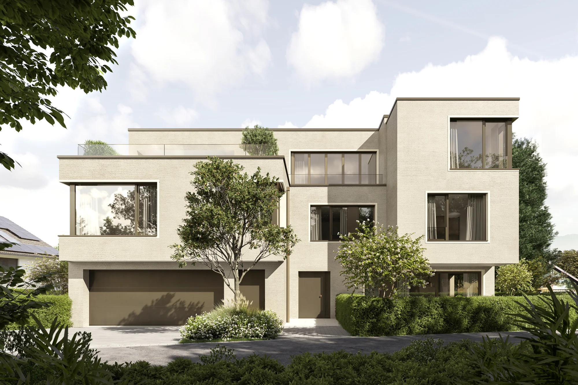 Exterior rendering of N7 in Buonas showing the light-coloured facade, large windows, entrance and garage.