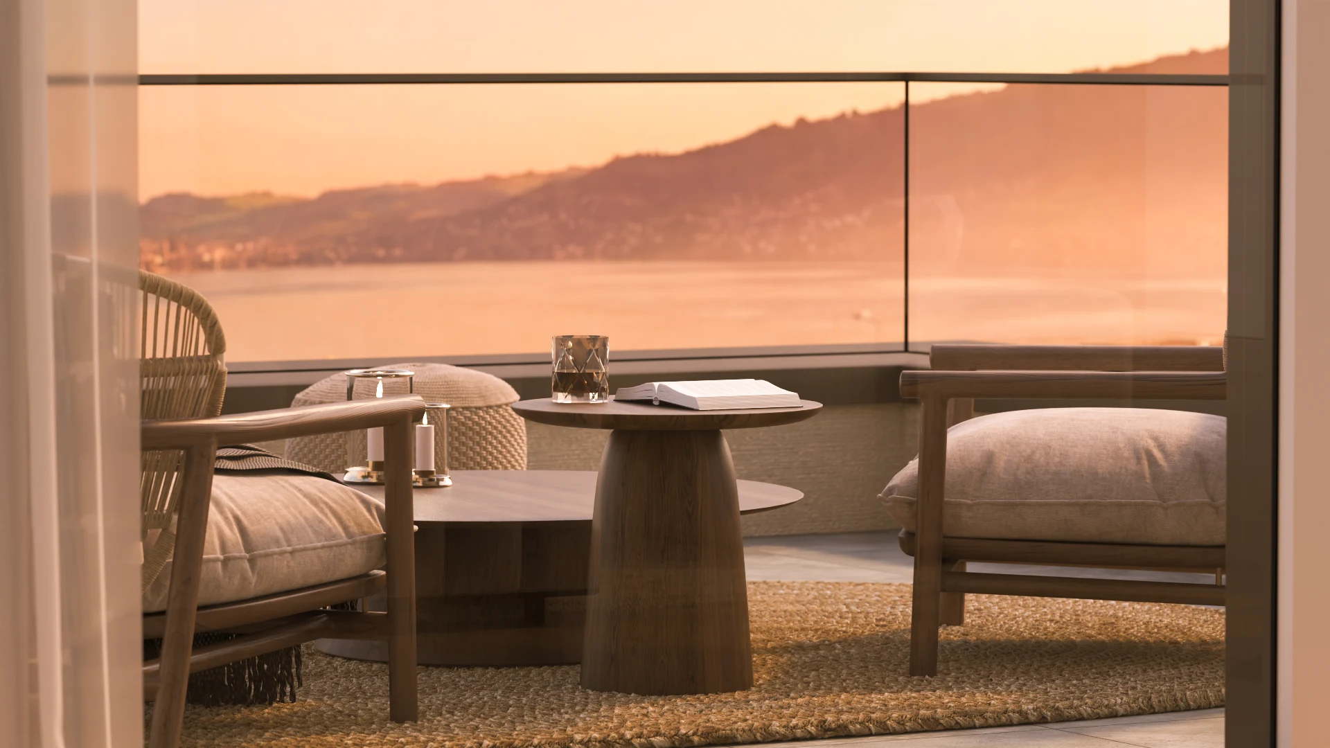 Close-up rendering of the terrace at N7 in Buonas with lounge chairs and Lake Zug in the evening light.