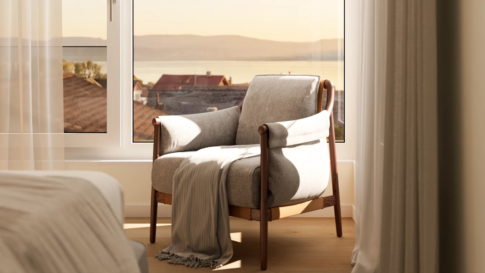 Detailvisualisierung des Schlafzimmers von N7 in Buonas mit einem Sessel am Fenster und Blick auf den Zugersee.
