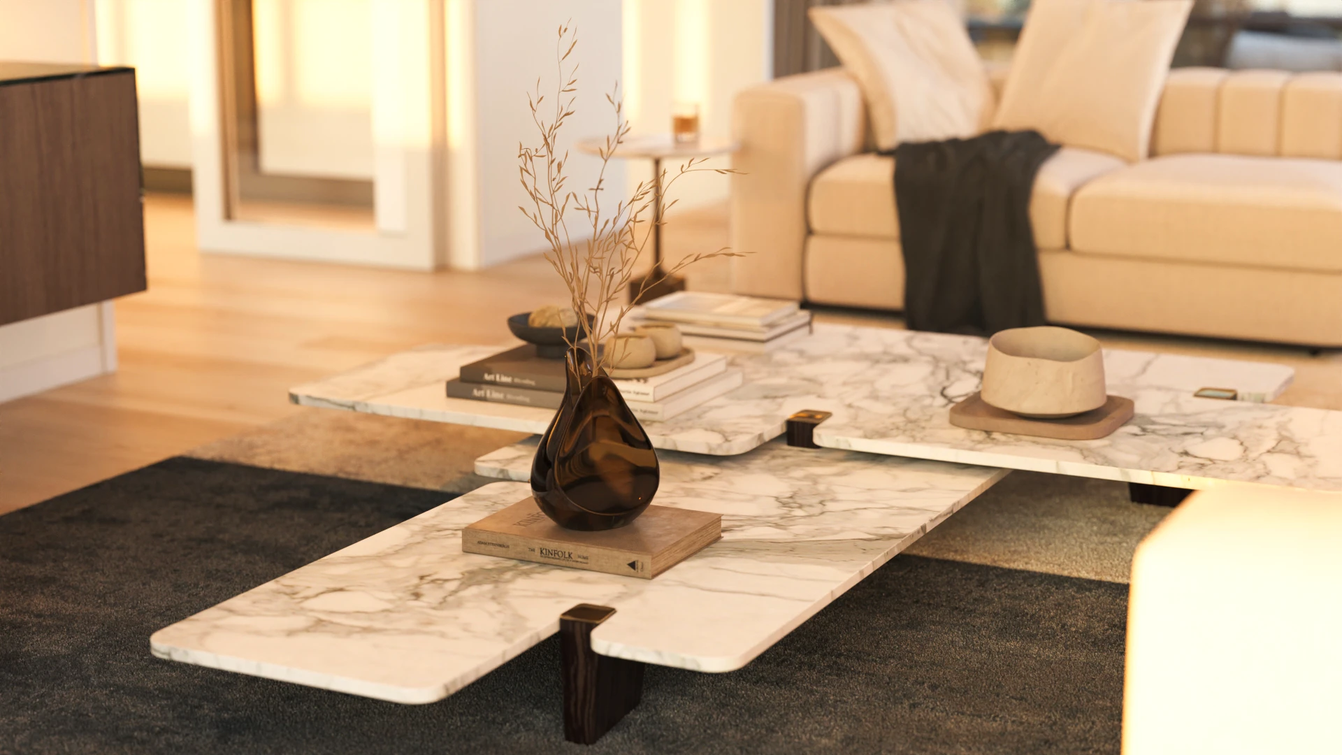 Detailvisualisierung des oberen Wohnbereichs von N7 in Buonas mit Marmorcouchtisch, dekorativer Vase und hellem Sofa.