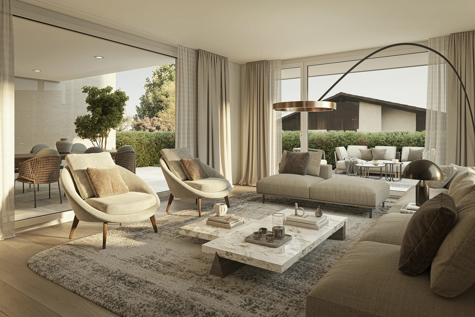 Innenvisualisierung des Wohnbereichs von N7 in Buonas mit bodentiefen Fenstern und Zugang zur Gartenterrasse.